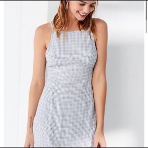 UO Mabel Blue Plaid High-neck Empire Mini Dress